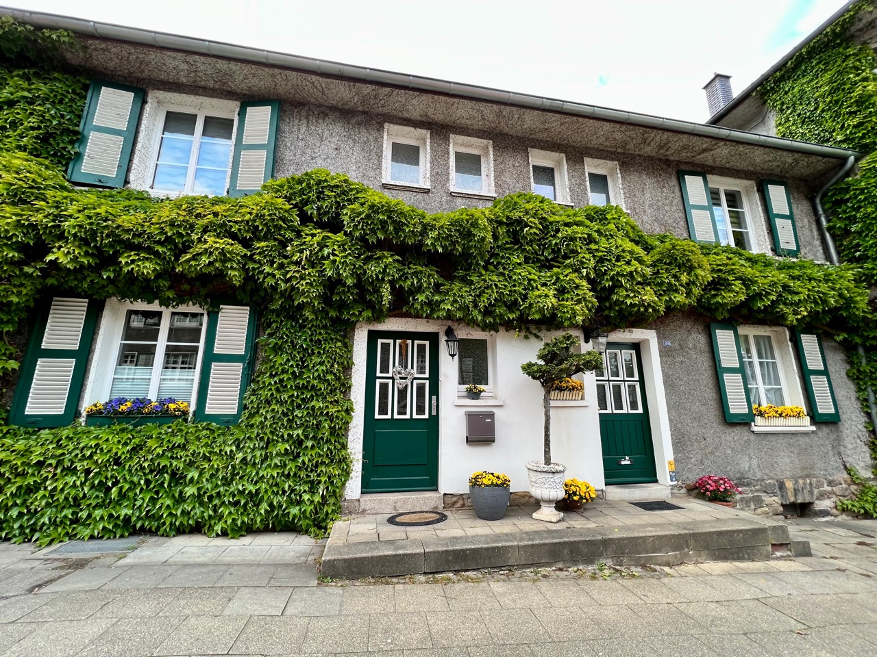 Begrüntes Doppelhaus mit grünen Fensterläden und blühenden Hauseingängen